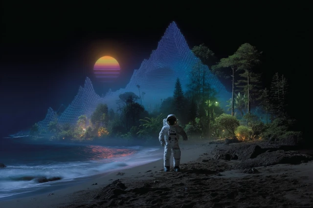 Cyber Astronaut on Alien Beach Conceptual Poster