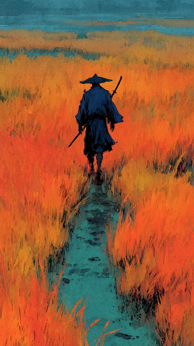 Lone Samurai Walking Into the Mist Serene Peace
