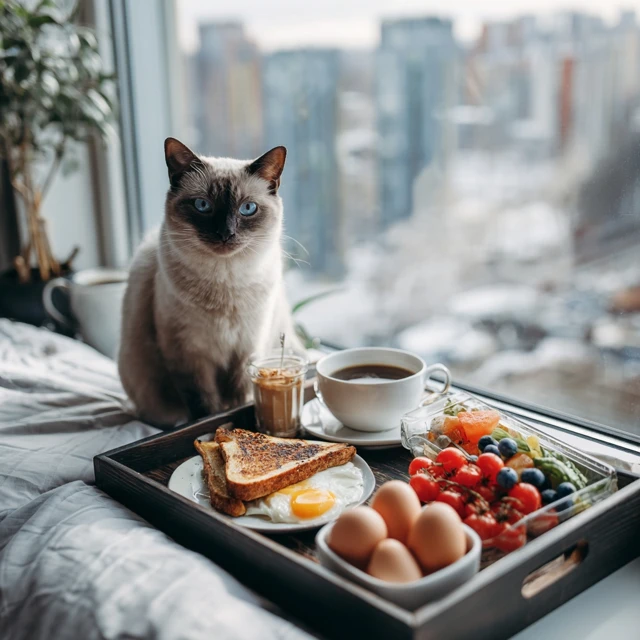 Breakfast in Bed with a Siamese Cat