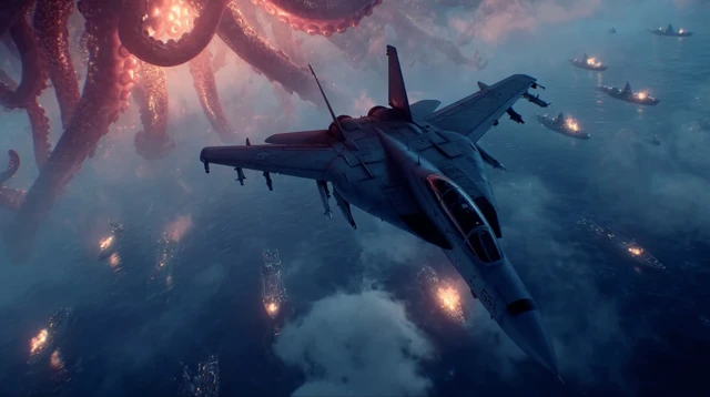 Chaotic Naval Battle: Fighter Jet vs Giant Tentacles