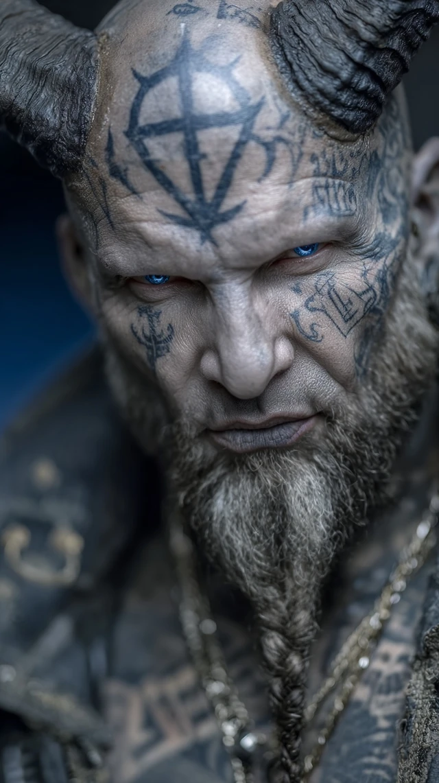Sinister Priest Portrait with Tattoos and Horns