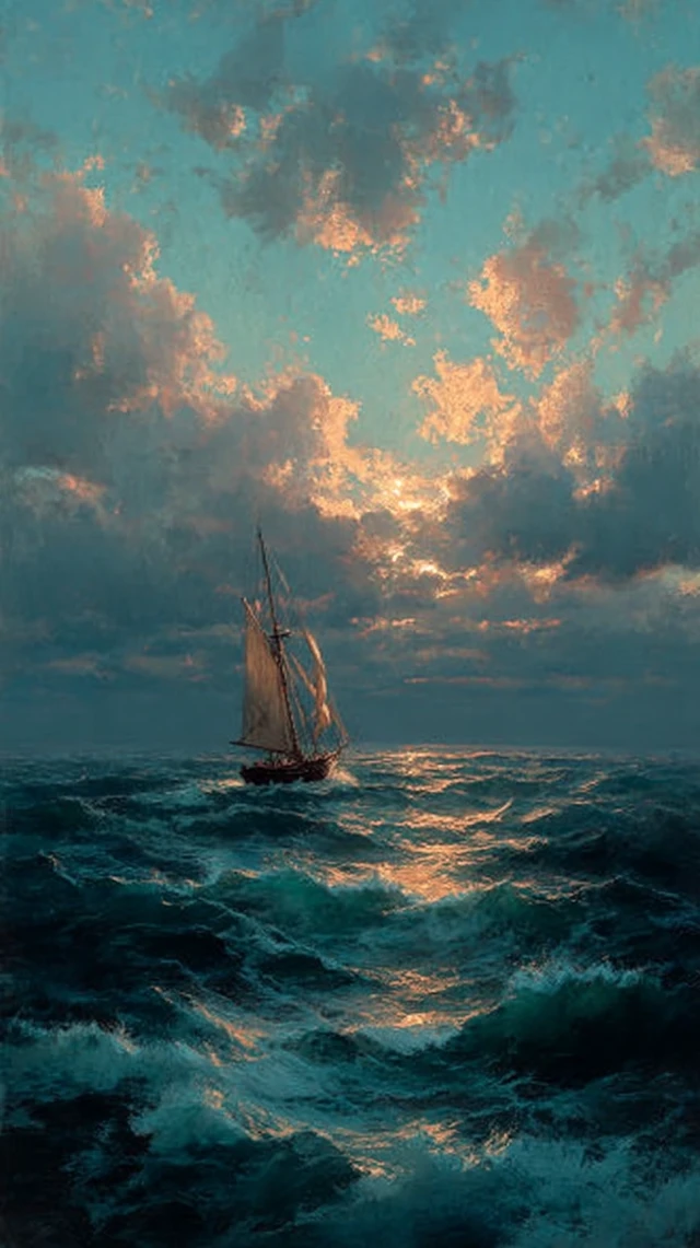 Sailboat on Stormy Sea Oil Painting