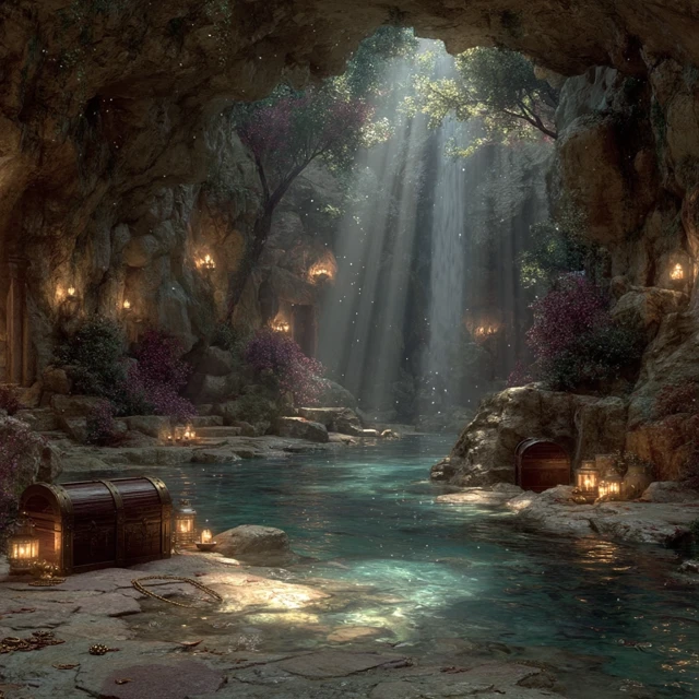 Magical Water Cave with Treasure and Waterfalls