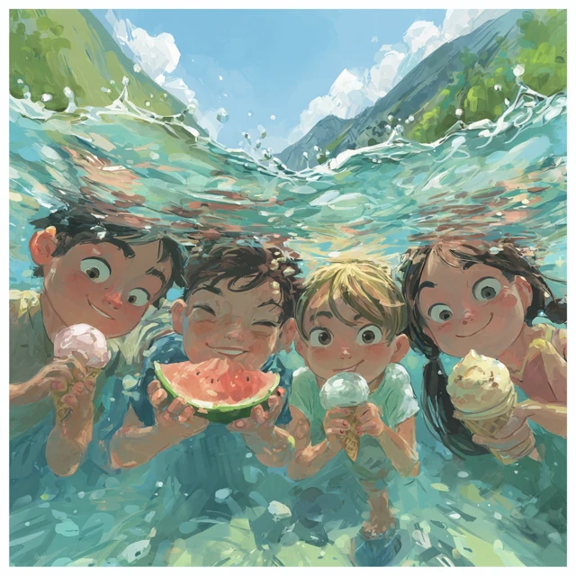 Children Underwater Eating Watermelon and Ice Cream