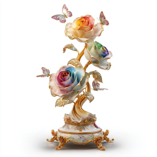 3D Rainbow Rose Sculpture on Pedestal