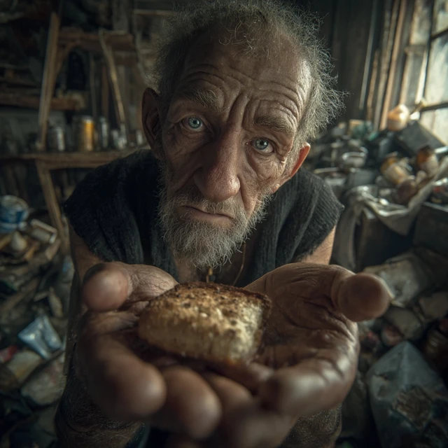 Old Man Offers Bread, Hyperrealistic Portrait