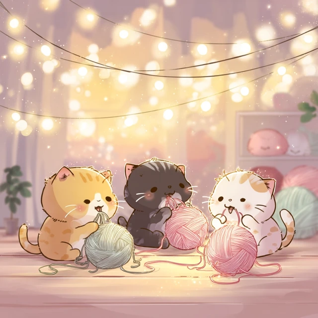 Kawaii Cats Playing with Yarn Pastel Cartoon Illustration