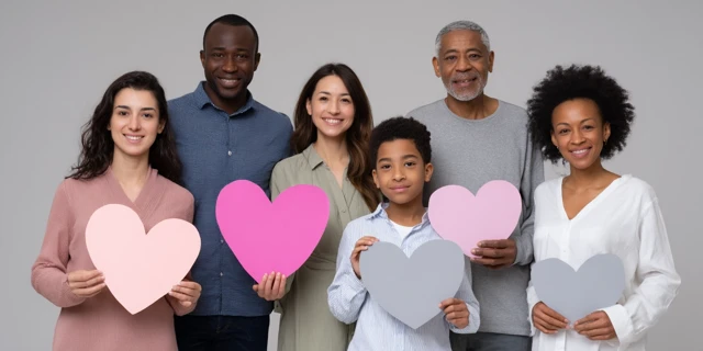 Diverse Group Holds Hearts Studio Portrait