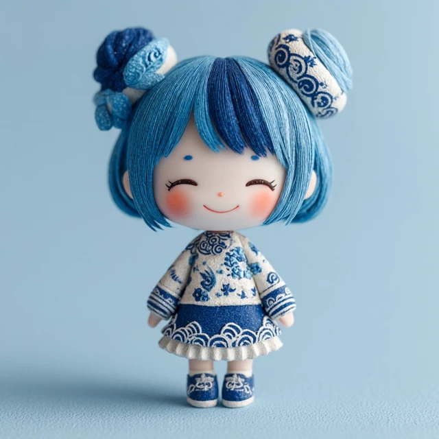 Cute Doll 3D Rendering Blue Hair and Porcelain Pattern