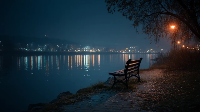 Riverside Bench at Night Cinematic Scene