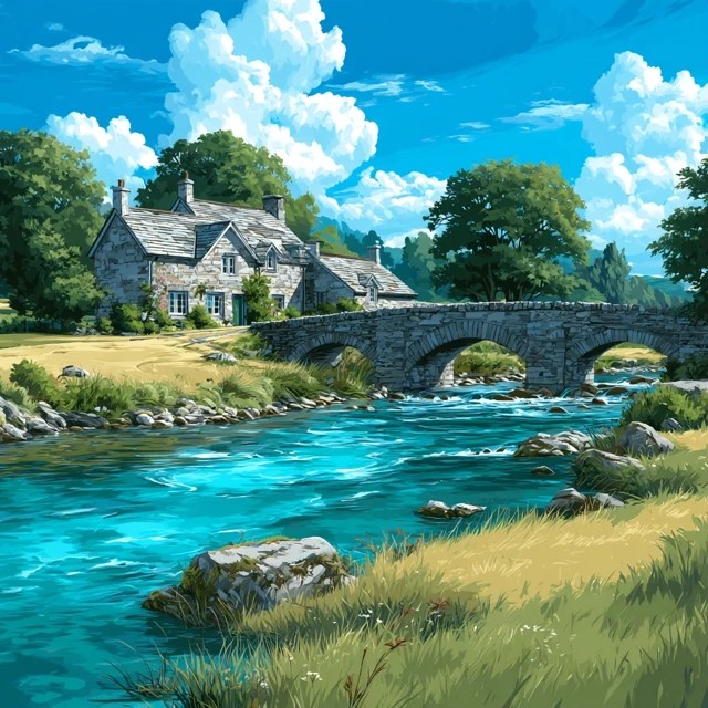 Cottage by a Stream: Summer Day Landscape