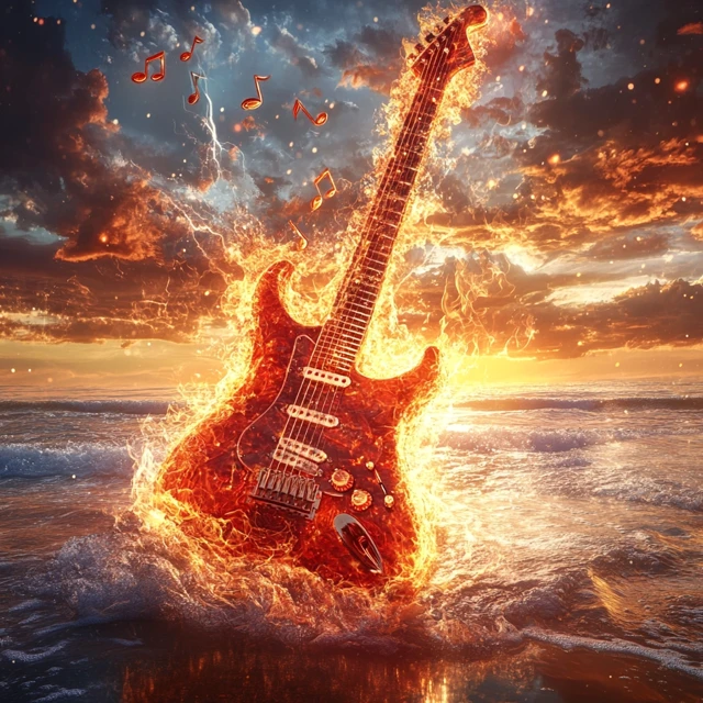 Electric Guitar on Fire Waves and Lightning
