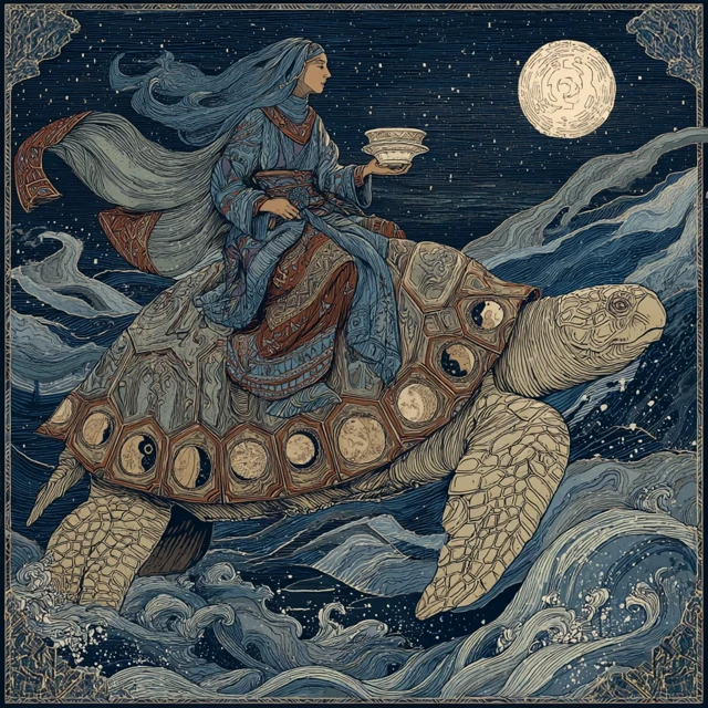 Nomad Goddess Riding Turtle Under Moonlit Sky