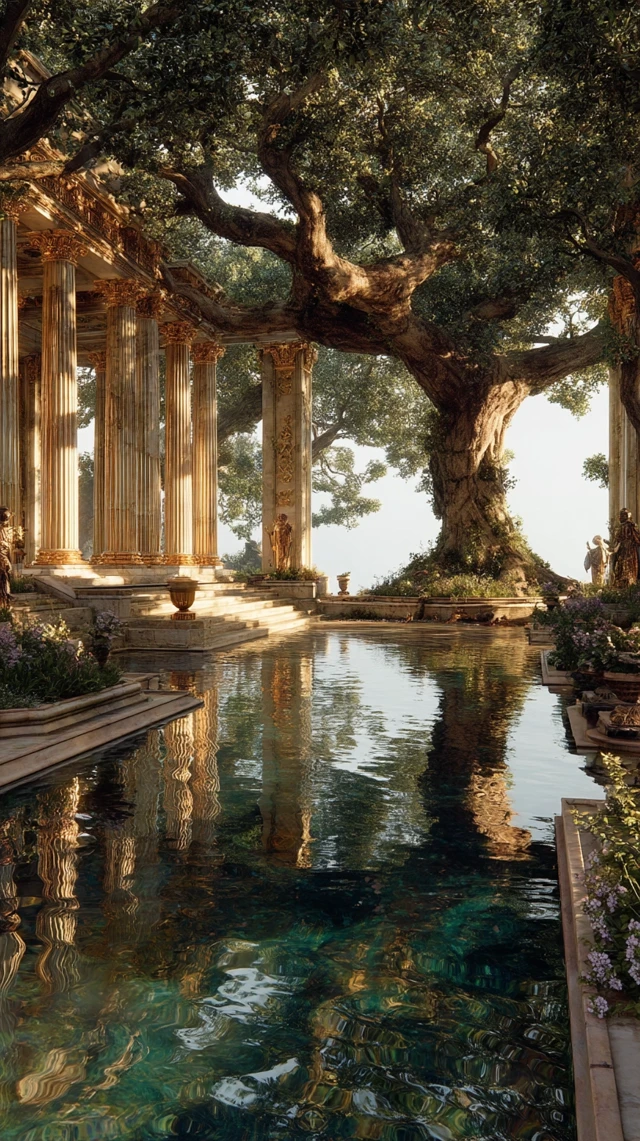 Ancient Greek Temple in Nature Golden Sunlight