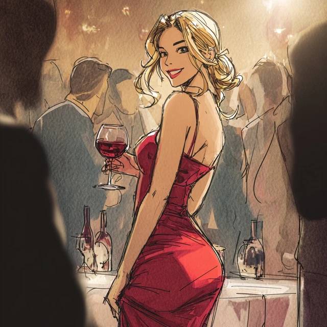 Blonde Girl in Red Dress at Wine Party