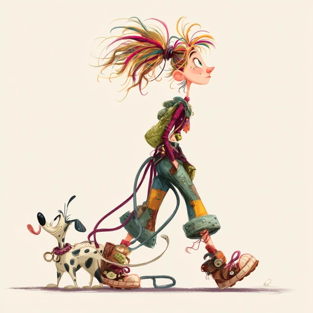 Quirky Girl and Dog Cartoon Illustration