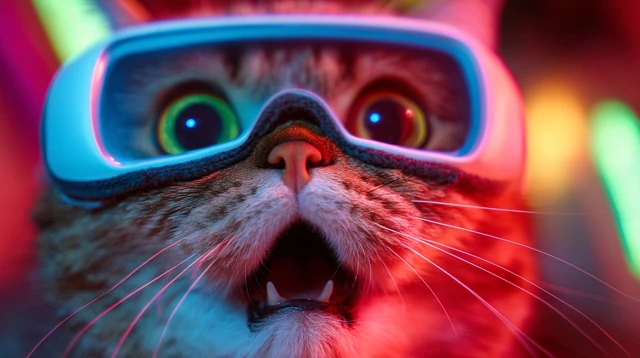 Surprised Cat in VR Headset Colorful Lights