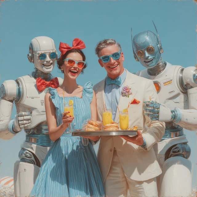 Summer Party with Robots Photorealistic Portrait