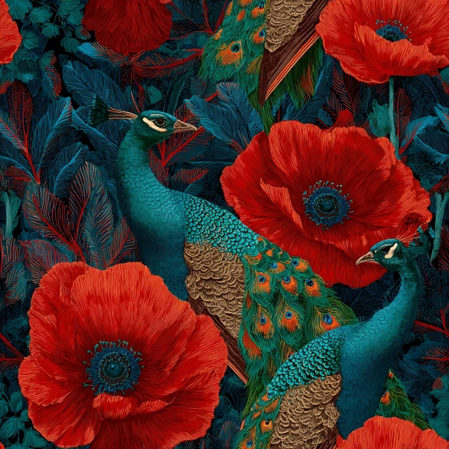 Peacock and Poppy Textile Design Decorative Art
