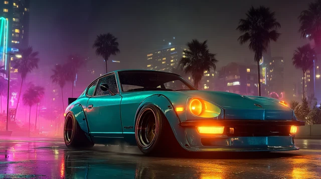 Retro Futuristic Car on Neon Lit Road