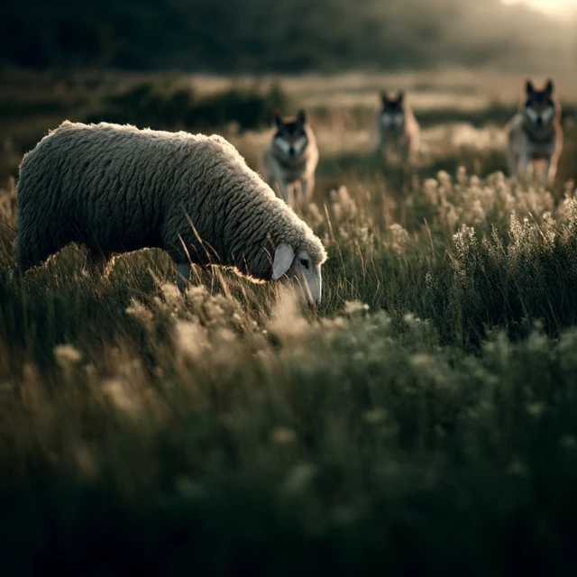 Sheep Surrounded by Wolves Evening Scene