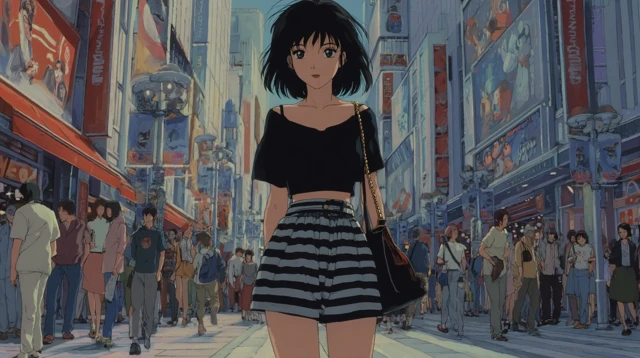 Anime Girl Walking in City 80s Style