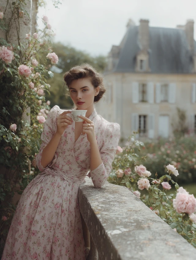 French Woman on Balcony with Coffee and Roses