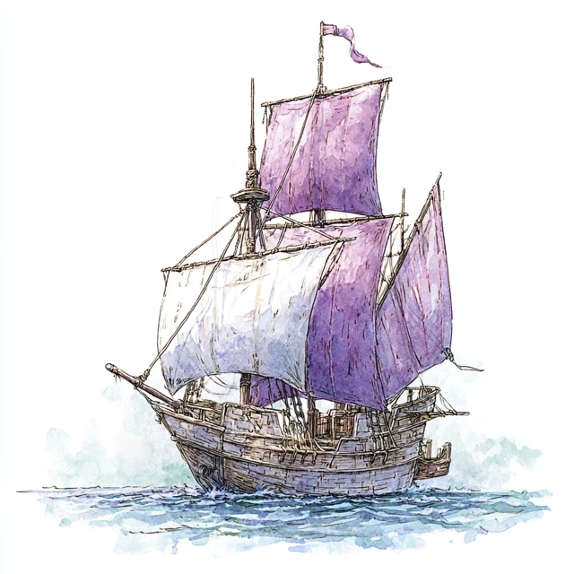 Fantasy Art Sloop at Sea White and Purple Sails