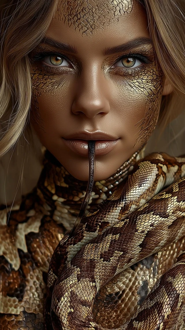Serpent Queen Portrait Golden Eyes Snake Skin