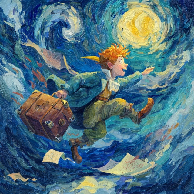 Peter Pan in Van Gogh Style Flying with Burdens