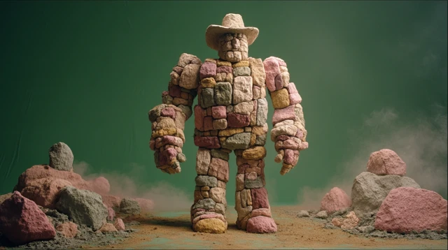 Pastel Rock Golem in Cowboy Hat Claymation Style