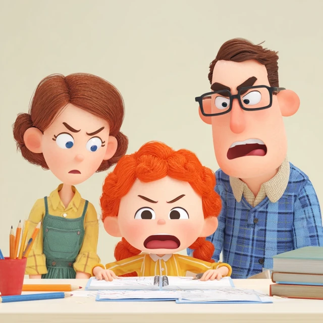 Parents Helping Child With Homework Cartoon 3D