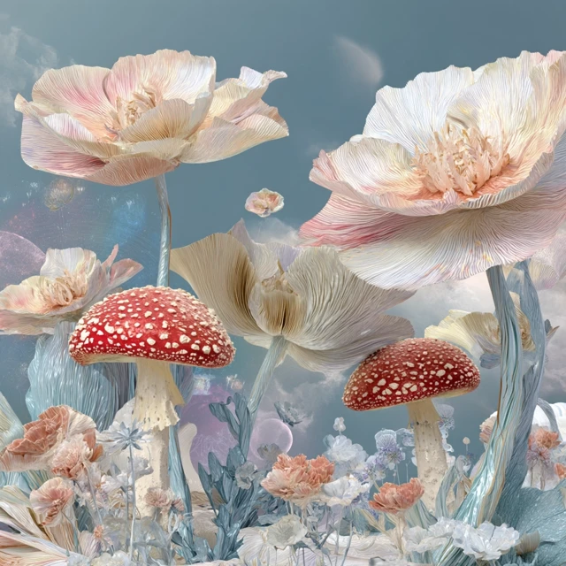 Dreamy Pastel 3D Scene of Mushrooms and Flowers