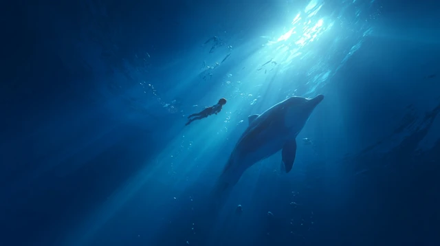 Underwater Scene Man and Dolphin Tranquil Dreamlike Anime