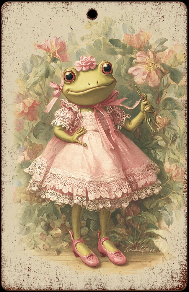 Cute Frog in Pink Dress Vintage Illustration