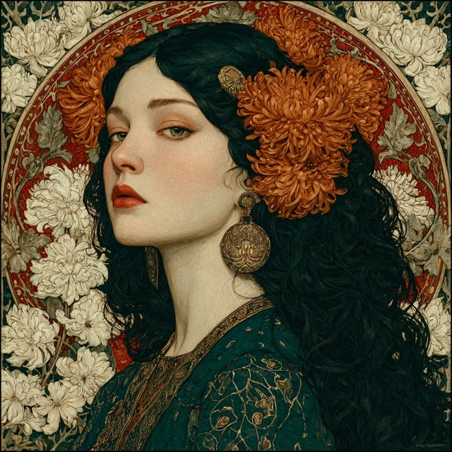 Art Nouveau Portrait Woman Chrysanthemum Crown