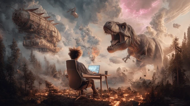 Surreal Fantasy Scene: Airship, Dinosaur, and Time Rift