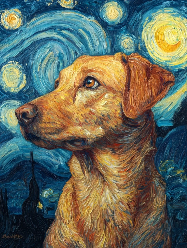 Labrador Portrait Starry Night Van Gogh Style