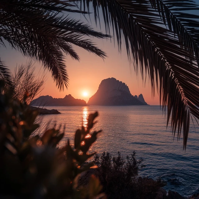 Ibiza Sunset View Through Palm Leafs Cinematic