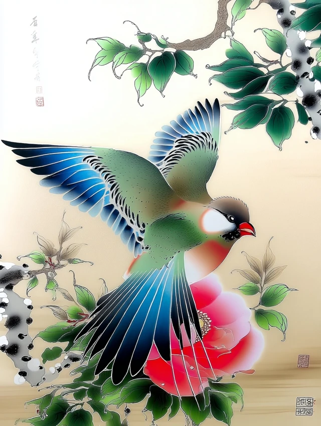 Elegant Blue Bird Gongbi Painting
