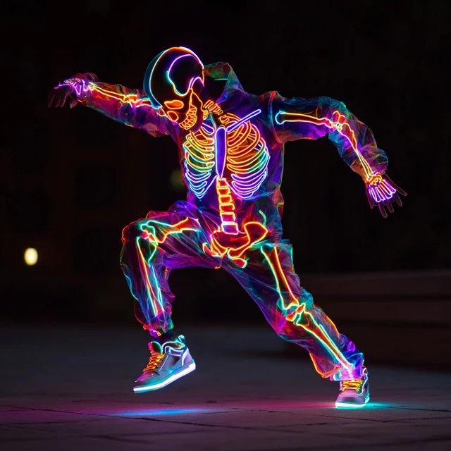Boy in Neon Skeleton Suit Dancing Cool Pose