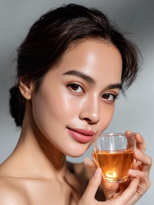 Elegant Asian Woman with Perfect Skin and Tea