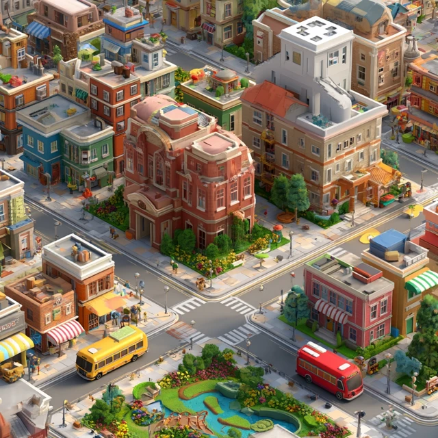 Pixar 3D Neighborhood Colorful Buildings Kid Friendly