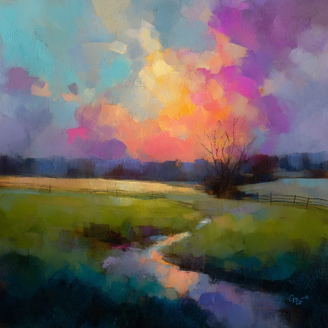 Midwestern Field Painting  Soft Sky and Green Grass