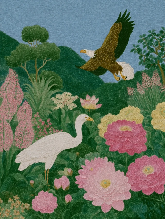 Chinese Landscape Painting: Crane, Mountains, and Lotus