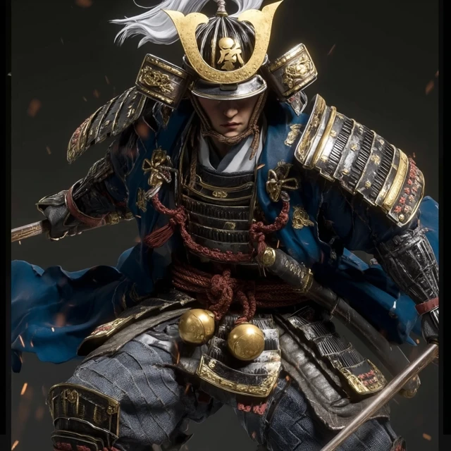 Japanese Samurai in Armor Gold and Blue 3D Render