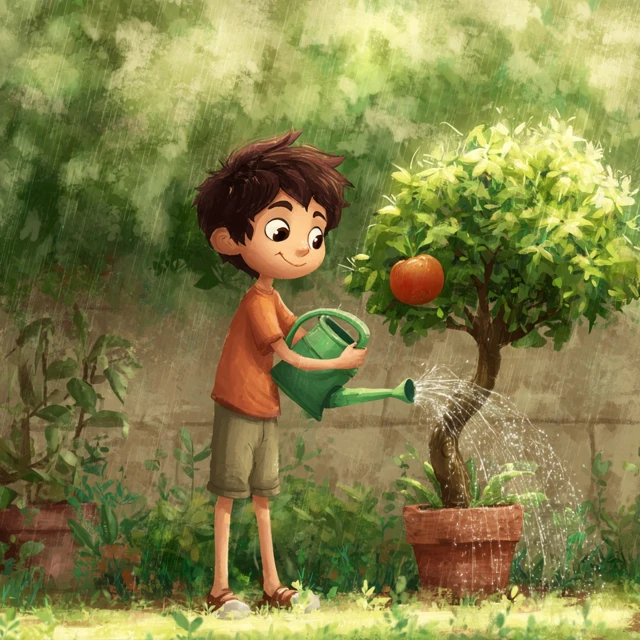 Cute Cartoon Boy Watering Tree in Garden