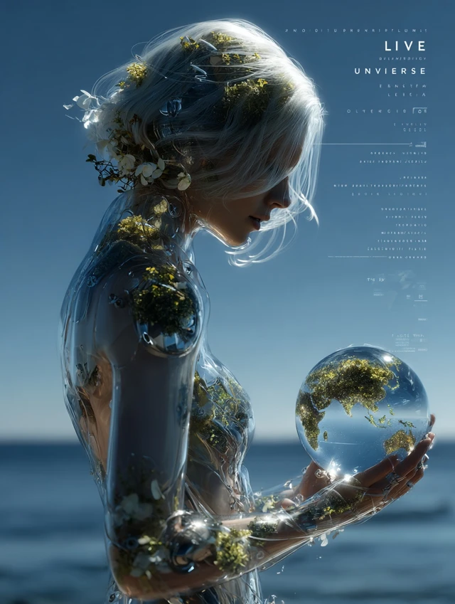 Cyborg Girl Holding Earth Universe Illustration