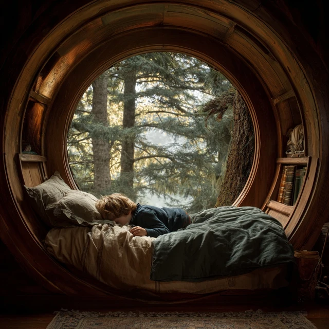 Boy Asleep in Cozy Room with Forest View
