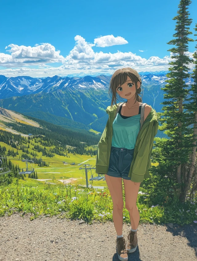Anime Girl Smiling in Mountains - Summer Scene
